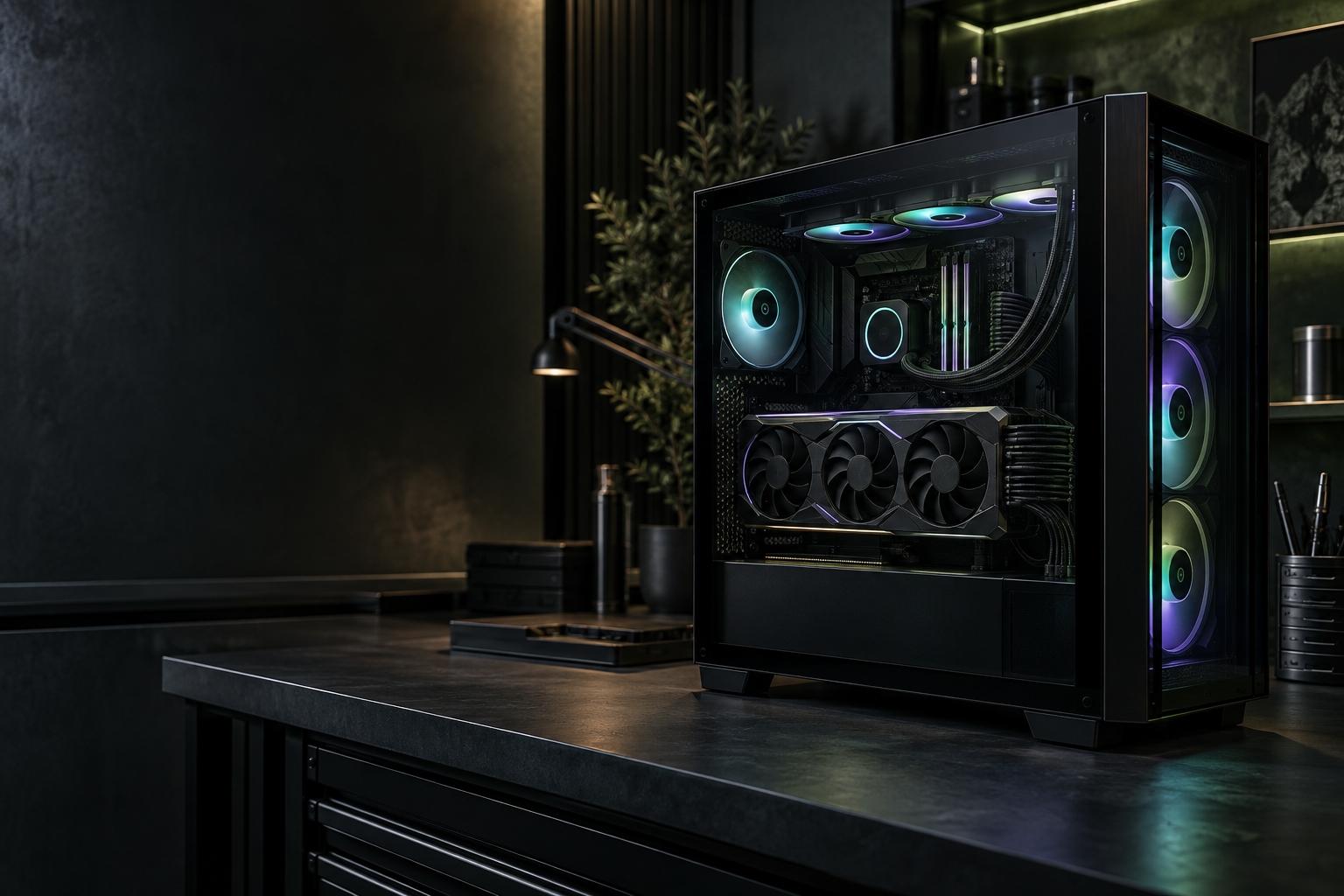 Illustrative gaming PC with liquid cooling, clean cables and softly lit RGB fans